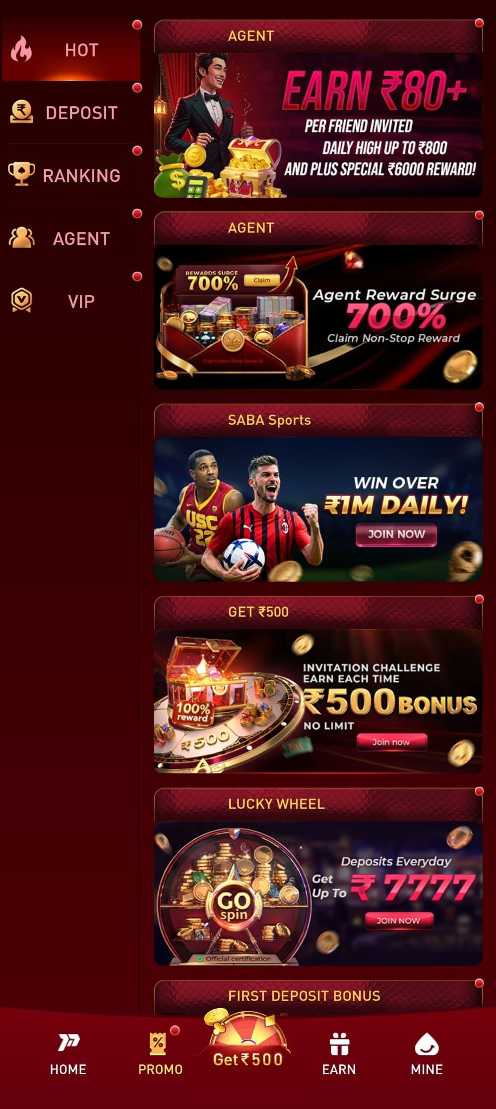 P77 app promotions hub listing agent, sports, bonus wheel and first deposit banners